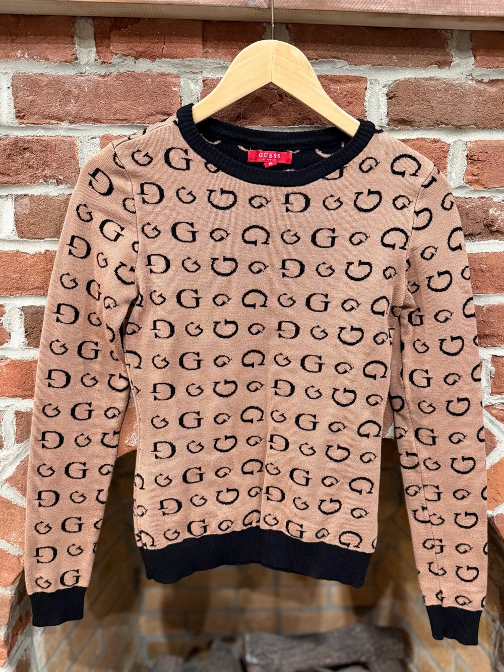 GUESS Tan Crewneck Sweater with Black Logo Pattern
